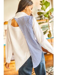 Olalook Women's Blue White Sambre Oversized Shirt with Cut Out Detail on the Back