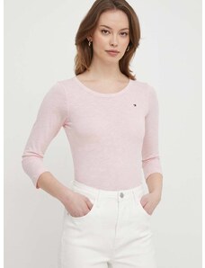 Bavlnené tričko s dlhým rukávom Tommy Hilfiger ružová farba, WW0WW37861