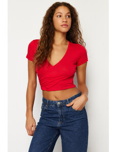 Trendyol Red Fitted/Situated Double Breasted Neck Crop Viscose Stretch Knit Blouse
