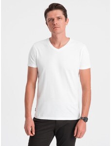 Ombre Clothing Bavlnené pánske biele tričko s V-výstrihom V4-TSBS-0145