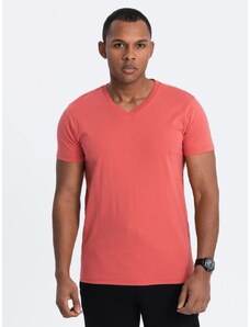 Ombre Clothing Bavlnené pánske koralové tričko s V-výstrihom V12-TSBS-0145