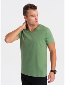 Ombre Clothing Bavlnené pánske zelené tričko s V-výstrihom V10-TSBS-0145