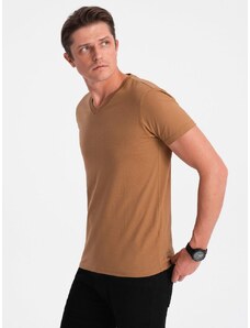 Ombre Clothing Bavlnené pánske hnedé tričko s V-výstrihom V8-TSBS-0145