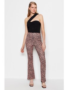 Trendyol hnedá Leopardia potlač svetlica/mierka flexibilné pletené nohavice s vysokým pásom