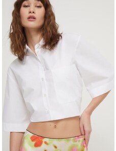 Bavlnená košeľa HUGO dámska, biela farba, voľný strih, s klasickým golierom, 50512719