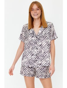 Trendyol Mink-Black Zebra Patterned Satin Shirt-Shorts Woven Pajama Set