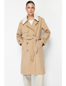 Trendyol béžová oversized plyšový plyšový kabát so širokým strihom detailný, vodoodpudivý dlhý trenčkot