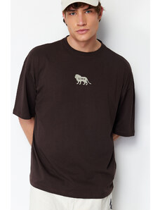 Trendyol Collection Tmavohnedá nadmerná zvieracia výšivka s potlačou 100% bavlna tričko