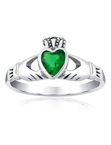 Ligot Strieborný prsteň Claddagh so zeleným zirkónom