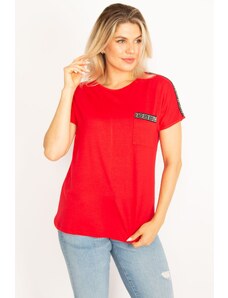Şans Women's Plus Size Red Blouse With Stone Detail On The Shoulders And Pockets