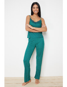 Trendyol Green Polka Dot Lace Detailed Rope Strap Viscose Knitted Pajama Set