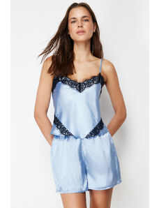 Trendyol Blue Lace Detailed Rope Strap Satin Woven Pajama Set