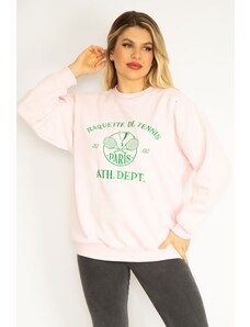 Şans Women's Plus Size Pink 3 Thread Inner Raising Fleece Embroidered Sweatshirt