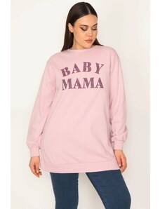 Şans Women's Large Size Pink Front Printed Sweatshirt