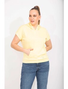 Şans Women's Yellow Plus Size Hooded Kangaroo Short Sleeve Sweatshirt with Pocket