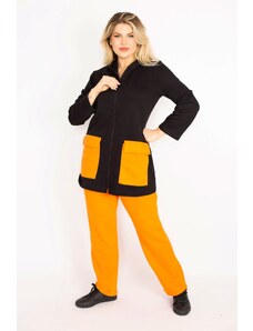 Şans Women's Plus Size Orange Pocket Combined Hooded Front Zippered Sweatshirt Trousers Suit