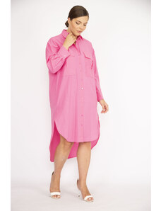 Şans Women's Plus Size Pink Poplin Fabric Front Buttons Chest Pocket Long Tunic Dress