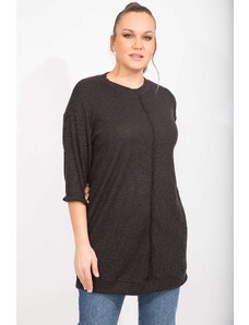 Şans Women's Plus Size Black Camisole Fabric Front Stitching Detail Long Tunic