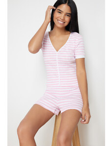 Trendyol Collection Súprava ružového bavlneného pruhovaného pleteného pyžama