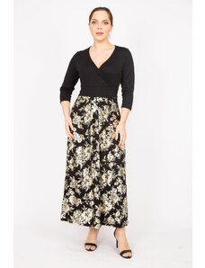 Şans Women's Black Plus Size Dress with a Wrapped Collar Skirt and Gold Print
