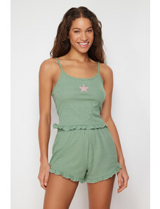 Trendyol Collection Green Star vyšívané riasené rebrované pletené pyžamá