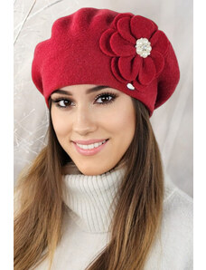 Kamea Červená luxusná elegantná dámska baretka na zimu s kvetom Kalia, Farba červená