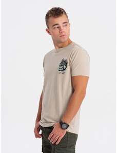 Ombre Clothing Pánske bavlnené tričko s potlačou na hrudi - béžové V1 OM-TSPT-0167