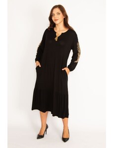 Şans Dámske veľkoformátové čierne šaty s dlhým rukávom s vrstvenou sukňou a vreckami 65n34743
