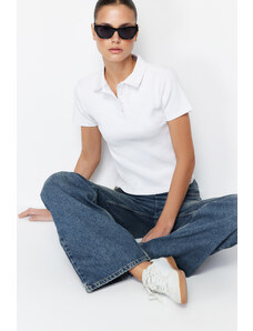Trendyol White Polo Collar Buttoned Short Sleeve Flexible Ribbed Knitted Knitted Blouse