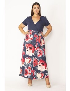 Şans Women's Navy Blue Plus Size Wrap Collar Skirt Floral Patterned Dress