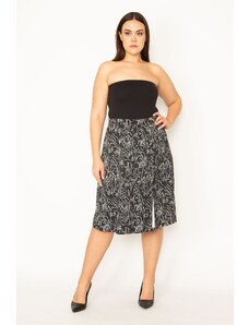 Şans Women's Plus Size Black Wrapover Look, Elastic Waist And Buckle Lace Detail Skirt