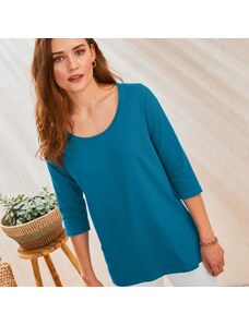 Blancheporte Jednofarebné tričko s 3/4 rukávmi a okrúhlym výstrihom pávia modrá 036