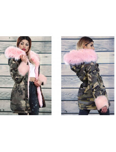 Fashionweek Zimná exkluzívna maskáčová bundička parka ružový kožíškek F1741