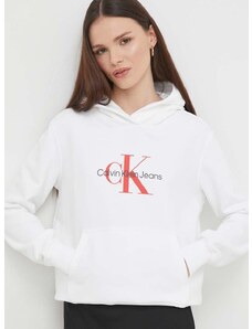 Bavlnená mikina Calvin Klein Jeans dámska,biela farba,s kapucňou,s potlačou,J20J223077