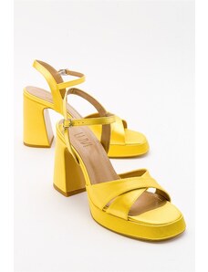 LuviShoes Women's Lello Yellow Satin Heeled Shoes