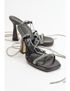 LuviShoes Women's Mezzo Metallic Black Heeled Sandals