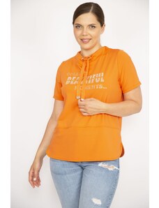 Şans Women's Orange Plus Size Collar Eyelet Lace And Stone Detailed Sweatshirt