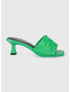 Kožené šľapky Karl Lagerfeld PANACHE II dámske, zelená farba, na podpätku, KL30113