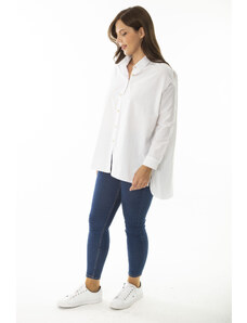 Şans Women's Plus Size White Shirt with Metal Buttons in the Front and Long Back Slits