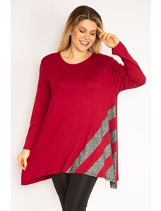 Şans Women's Plus Size Claret Red Shimmer Detailed Tunic