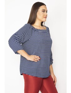Şans Women's Plus Size Navy Blue Striped Tunic with Elastic Collar And Ruffle Detailed Sleeves