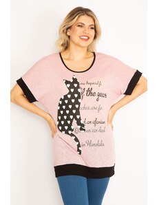 Şans Women's Plus Size Pink Cat Figure With Stones And Print Detailed Low-Sleeve Tunic