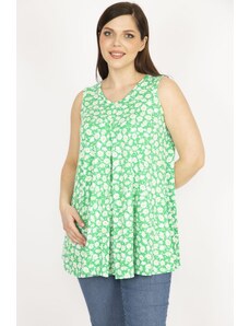 Şans Women's Green Plus Size Front A Pleated V-Neck Tunic