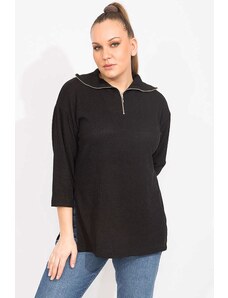 Şans Women's Plus Size Black Comfortable Cut, Zippered Side Slit Tunic