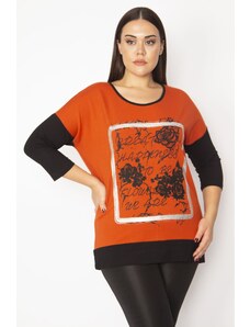 Şans Women's Plus Size Orange Two-tone Tunic with Print And Stone Detailed On The Front