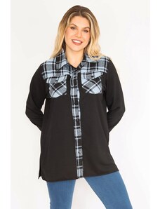 Şans Women's Plus Size Blue Plaid Shirt with Garnish and Front Button and Pocket