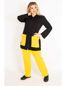 Şans Women's Plus Size Yellow Pocket Combined Hooded Front Zippered Sweatshirt Trousers Suit
