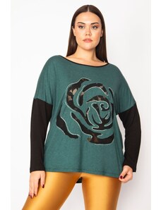 Şans Women's Plus Size Green Two-tone Tunic With A Flocked Pattern And Stones Detail