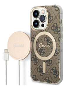 Guess 4G MagSafe Kompatibilné puzdro + Bezdrôtová Nabíjačka pre iPhone 14 Pro hnedá BUGUHMP14LH4EACSW