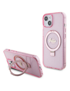 Guess IML Ring Stand Glitter MagSafe Zadný Kryt pre iPhone 15 ružová GUHMP15SHRSGSP